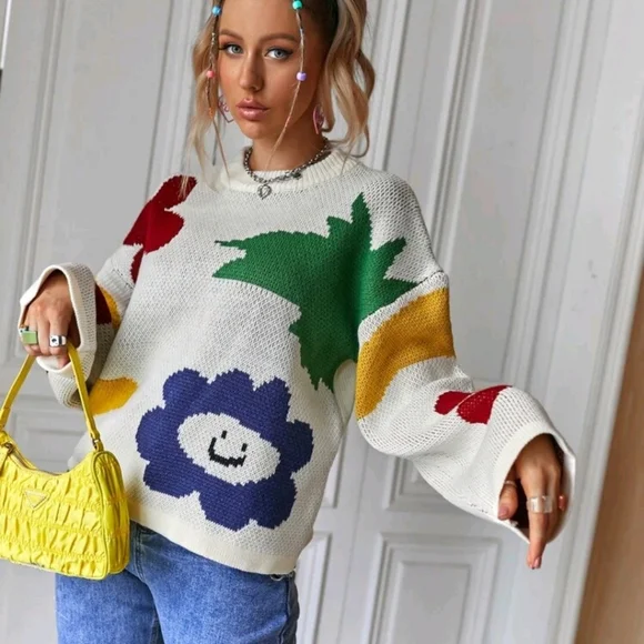 Floral Pattern Drop Shoulder Sweater - Picture 5 of 8